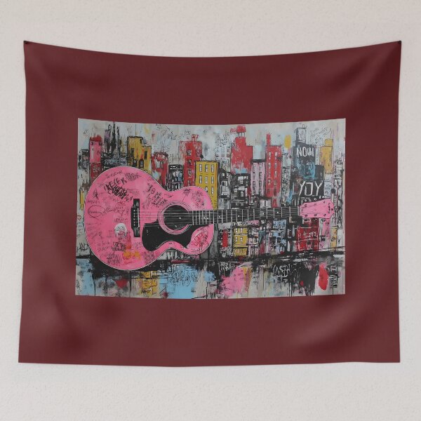 Item preview, Large Pink Guitar Against Colorful Urban Skyline in Bold Red, Yellow and Blue designed and sold by OlfactoART Studio.