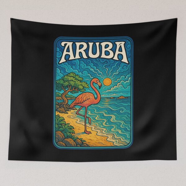 Item preview, Aruba Island Flamingo Retro Trippy Art Travel designed and sold by TomFrontierArt.