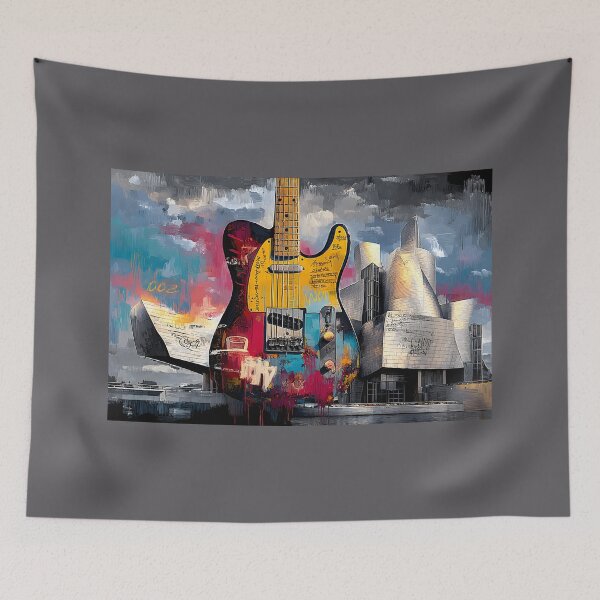 Item preview, Vibrant Graffiti Guitar Against Futuristic Architecture with Bold Artistic Detail designed and sold by OlfactoART Studio.