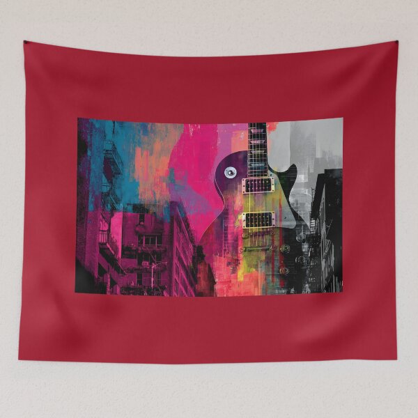 Item preview, Vibrant Electric Guitar Over Dynamic Urban Cityscape with Striking Architectural Colors designed and sold by OlfactoART Studio.