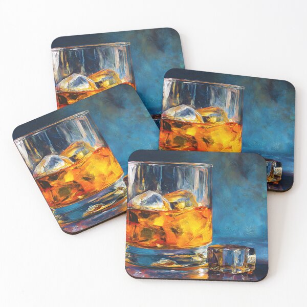 Item preview, Amber Whiskey with Ice on Reflective Surface Against Textured Deep Blue Background designed and sold by OlfactoART Studio.