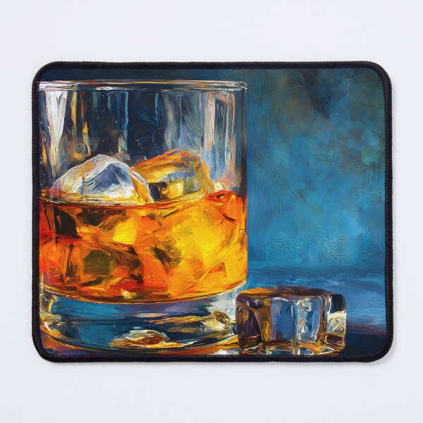 Item preview, Amber Whiskey with Ice on Reflective Surface Against Textured Deep Blue Background designed and sold by OlfactoART Studio.