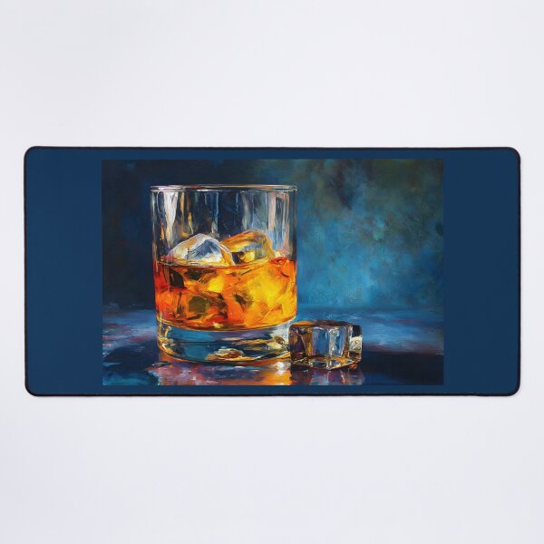 Item preview, Amber Whiskey with Ice on Reflective Surface Against Textured Deep Blue Background designed and sold by OlfactoART Studio.
