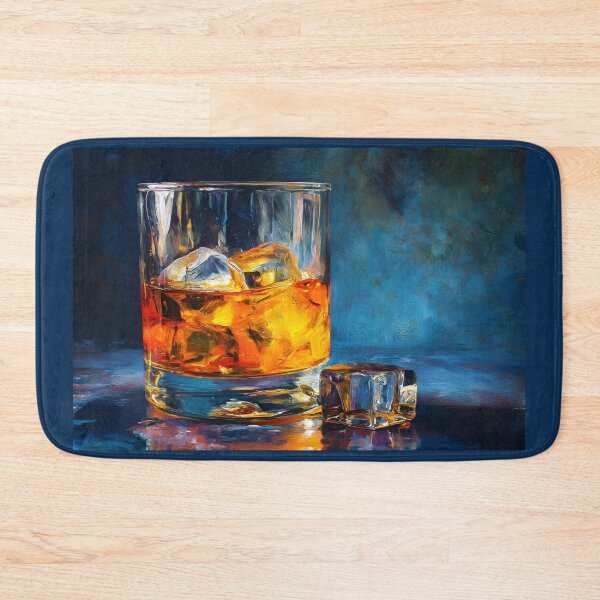 Item preview, Amber Whiskey with Ice on Reflective Surface Against Textured Deep Blue Background designed and sold by OlfactoART Studio.