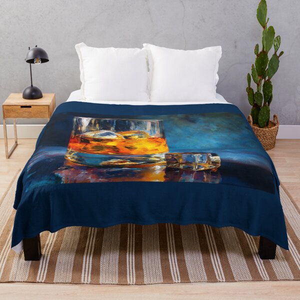 Item preview, Amber Whiskey with Ice on Reflective Surface Against Textured Deep Blue Background designed and sold by OlfactoART Studio.