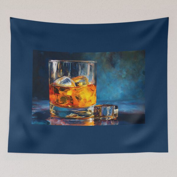 Item preview, Amber Whiskey with Ice on Reflective Surface Against Textured Deep Blue Background designed and sold by OlfactoART Studio.