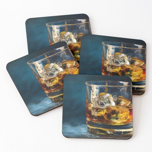 Item preview, Moody Close Up of Amber Whiskey Glass with Ice and Warm Light Reflections designed and sold by OlfactoART Studio.