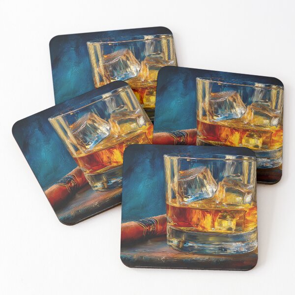 Item preview, Whiskey Glass with Large Ice Cubes and Cigar on Wooden Table Against Rich Blue Background designed and sold by OlfactoART Studio.