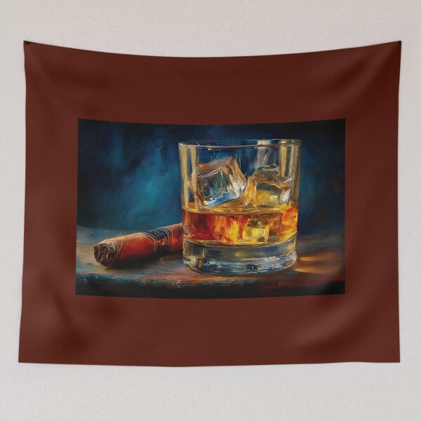 Item preview, Whiskey Glass with Large Ice Cubes and Cigar on Wooden Table Against Rich Blue Background designed and sold by OlfactoART Studio.