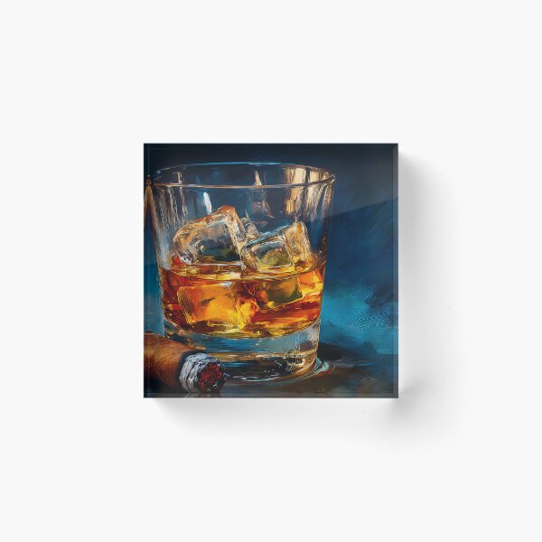 Item preview, Whiskey Glass with Ice and Cigar, A Refined Moment of Relaxation and Indulgence designed and sold by OlfactoART Studio.