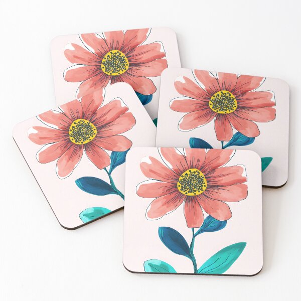 Item preview, Stylized Coral Flower with Bright Yellow Center and Blue Teal Leaves on Light Background designed and sold by OlfactoART Studio.