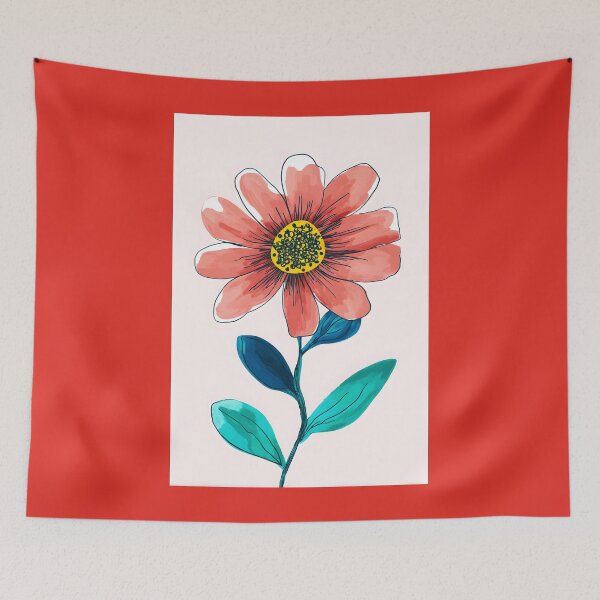 Item preview, Stylized Coral Flower with Bright Yellow Center and Blue Teal Leaves on Light Background designed and sold by OlfactoART Studio.