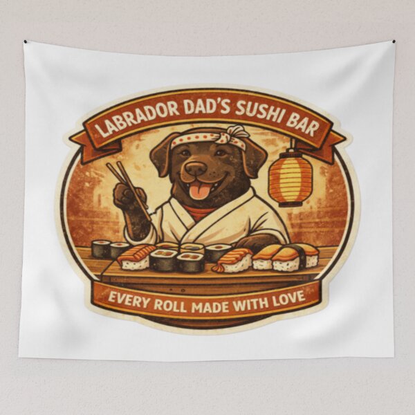 Item preview, Labrador Dad's Sushi Bar | Chocolate Lab Chef Vintage Badge | Funny Dog Sushi Lover Gift designed and sold by PawPrintCustom.
