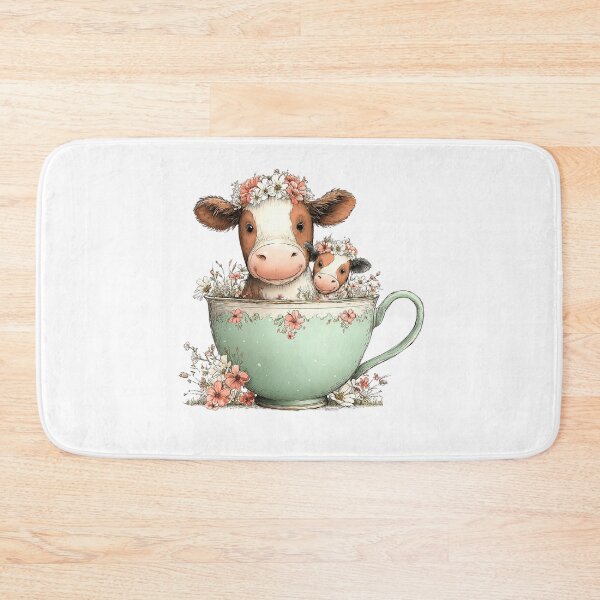 Item preview, Mother & Baby Cows in Teacup – Whimsical Floral Illustration designed and sold by Saxon Designs.