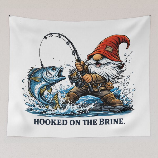 Item preview, Hooked on the Brine Fishing Gnome Illustration designed and sold by SaltyLinesOut.