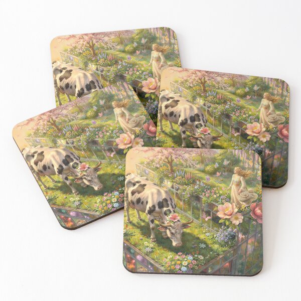 Item preview, Modern Shepherdess Grazing a Cow in an Urban Wildflower Meadow at Sunset designed and sold by M-Y-A-R-T-.