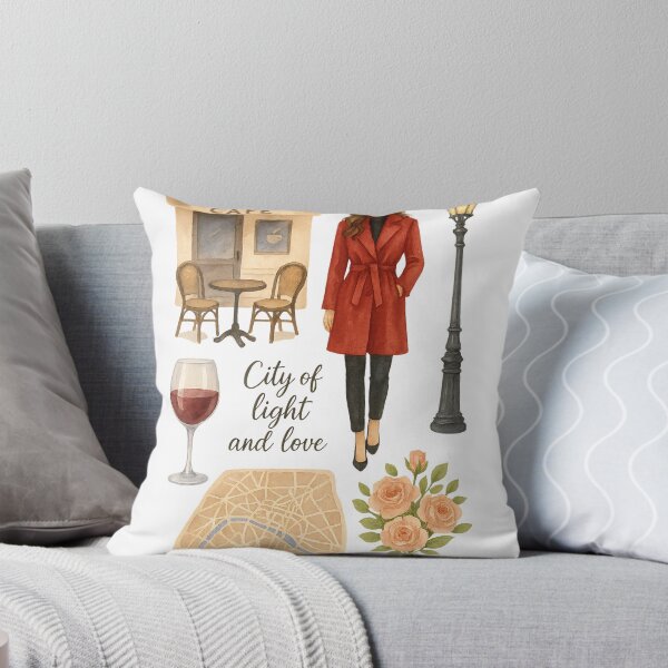 Item preview, City of light and love in Paris with a woman in a red coat walking near street lamps and cafe tables designed and sold by SpaceartLilu.