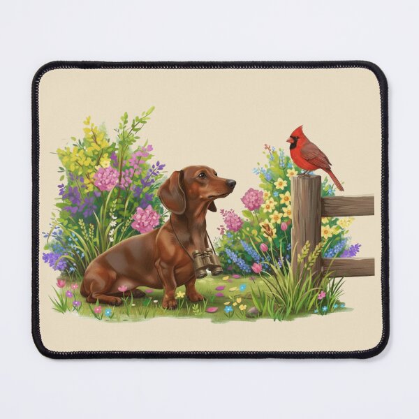 Item preview, Dachshund Birdwatcher with Cardinal – Spring Garden Wildlife Art designed and sold by Willow & Ink.