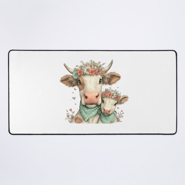 Artikelvorschau, Mutterkuh und Kalb mit Blumenkränzen und Schals – Verspielte Illustration entworfen und verkauft von Saxon Designs.