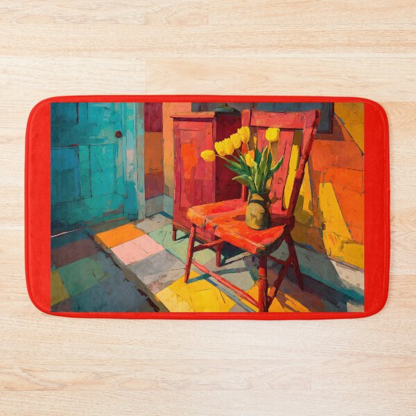 Item preview, Rustic Red Chair with Bright Yellow Tulips in Sunlit Vibrant Interior Scene designed and sold by OlfactoART Studio.