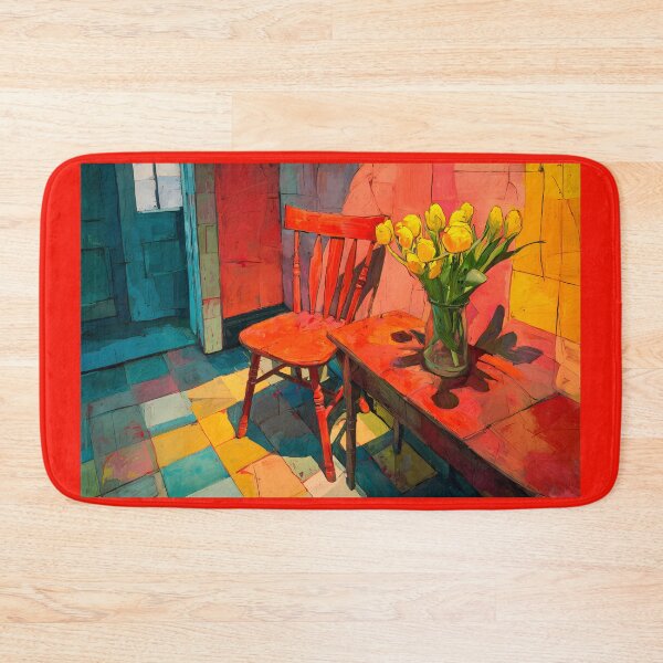 Item preview, Bring Warmth to Your Space with a Red Wooden Chair and Bright Yellow Tulips designed and sold by OlfactoART Studio.