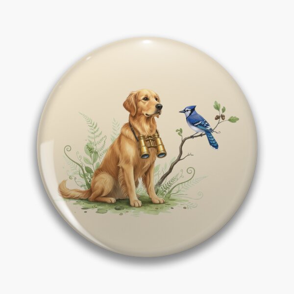 Item preview, Golden Retriever Birdwatcher with Blue Jay – Realistic Wildlife Nature Art designed and sold by Willow & Ink.