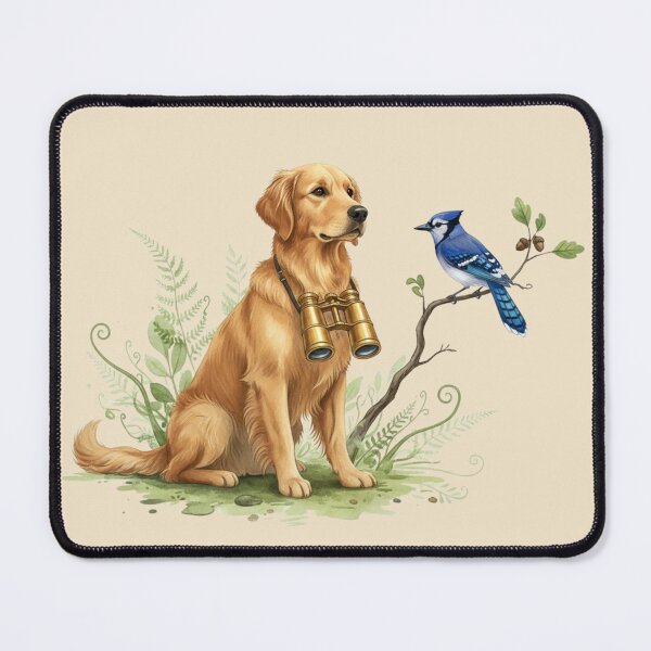 Item preview, Golden Retriever Birdwatcher with Blue Jay – Realistic Wildlife Nature Art designed and sold by Willow & Ink.