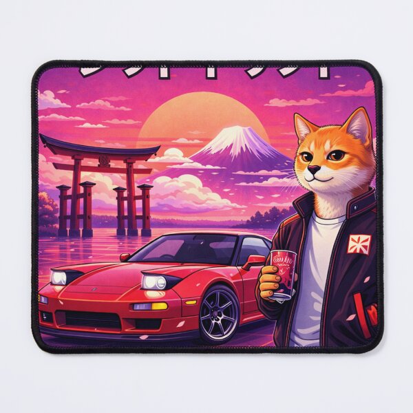 Item preview, Red Drift Cat in a Neon Japan Sunset designed and sold by ELmestka.