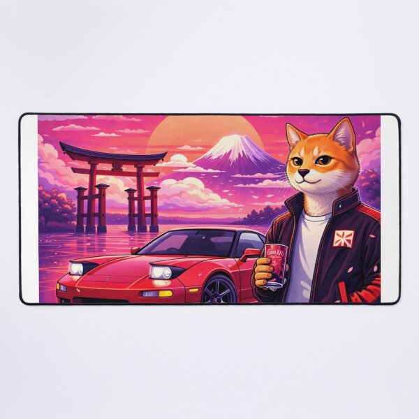 Item preview, Red Drift Cat in a Neon Japan Sunset designed and sold by ELmestka.