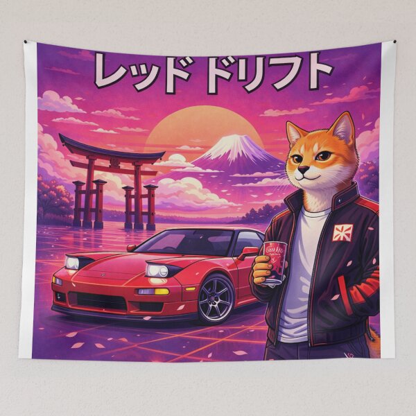 Item preview, Red Drift Cat in a Neon Japan Sunset designed and sold by ELmestka.