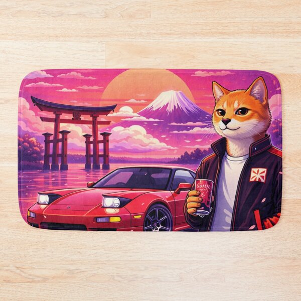 Item preview, Red Drift Cat in a Neon Japan Sunset designed and sold by ELmestka.