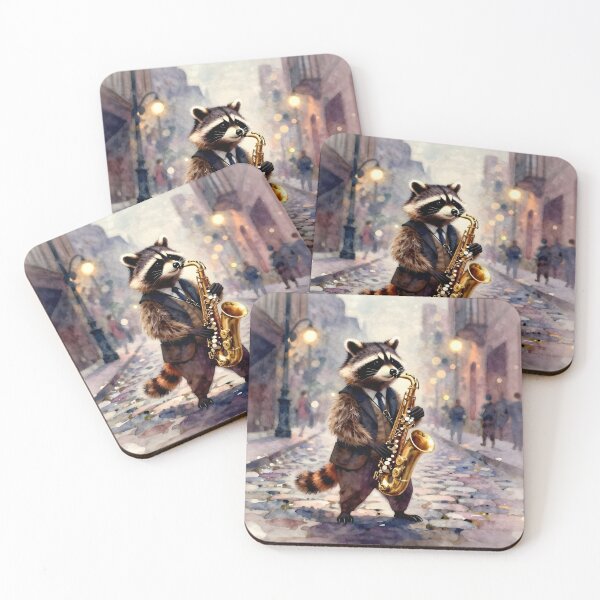 Item preview, Whimsical Raccoon Saxophone Player Vintage Watercolor Art designed and sold by SandyMDesigns.