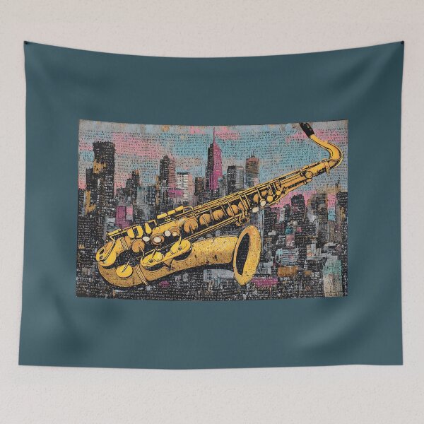 Item preview, Bring Jazz to Life with Saxophone and Vibrant City Skyline Urban Artwork designed and sold by OlfactoART Studio.