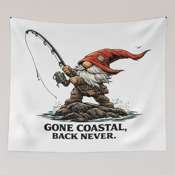 Item preview, Gone Coastal Back Never – Adventurous Fishing Gnome Coastal Illustration designed and sold by SaltyLinesOut.