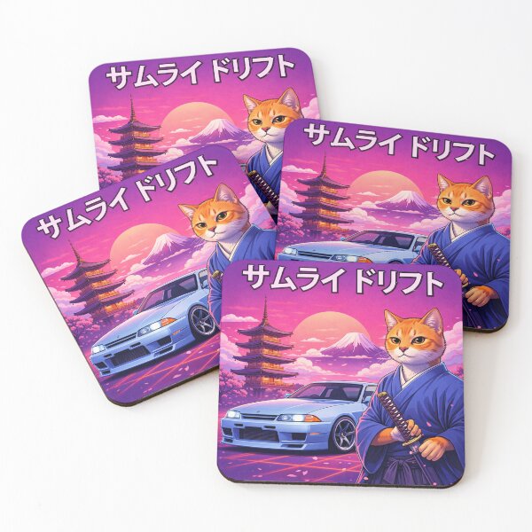 Item preview, Samurai Drift Cat in a Neon Japan Sunset designed and sold by ELmestka.