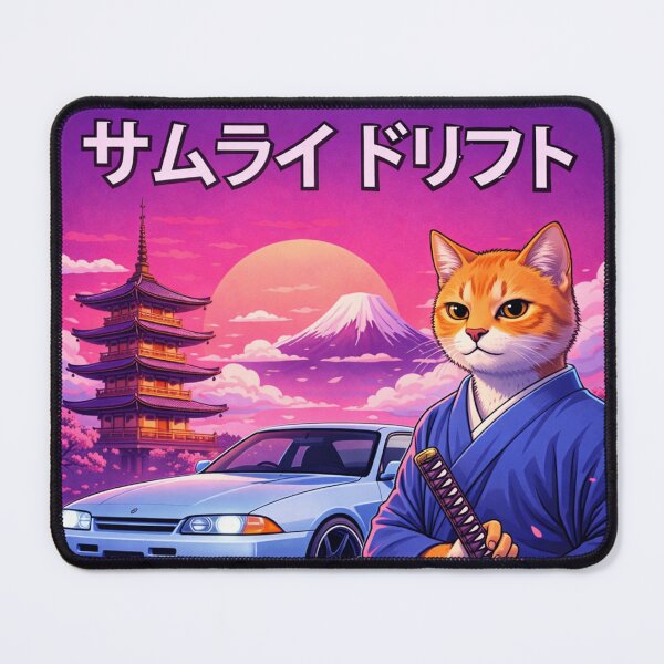 Item preview, Samurai Drift Cat in a Neon Japan Sunset designed and sold by ELmestka.