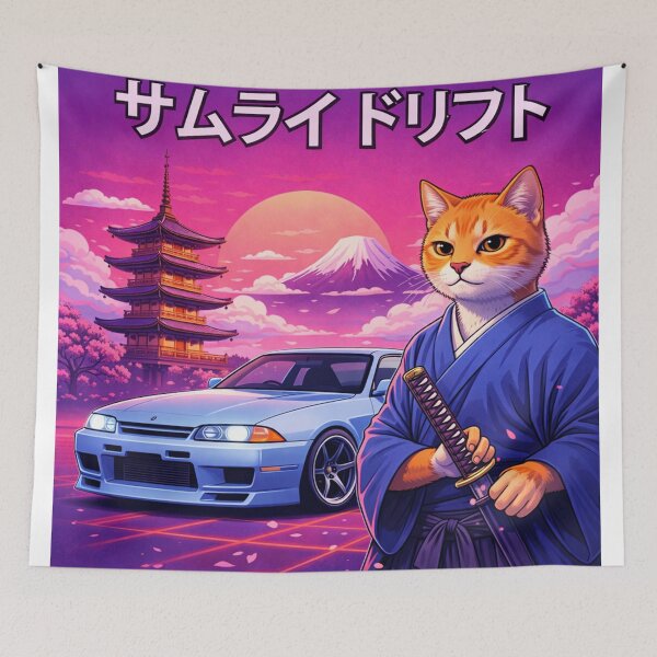 Item preview, Samurai Drift Cat in a Neon Japan Sunset designed and sold by ELmestka.