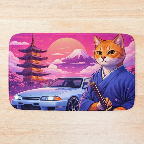 Item preview, Samurai Drift Cat in a Neon Japan Sunset designed and sold by ELmestka.