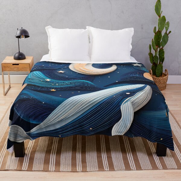 Item preview, Whale in fairy-tale celestial moon and 3d painting, navy blue and beige magical landscape artwork designed and sold by navitalidesign.