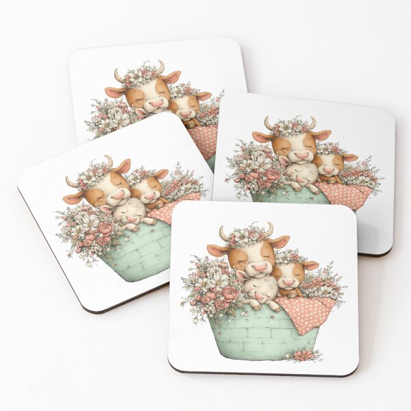 Item preview, Cow, Calf & Lamb in Floral Basket – Whimsical Cozy Illustration designed and sold by Saxon Designs.