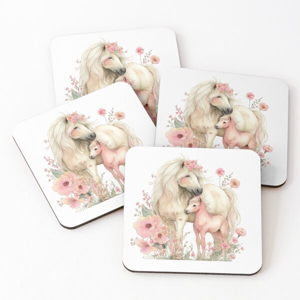 Item preview, Mare & Foal With Floral Blossoms – Whimsical Horse Illustration designed and sold by Saxon Designs.