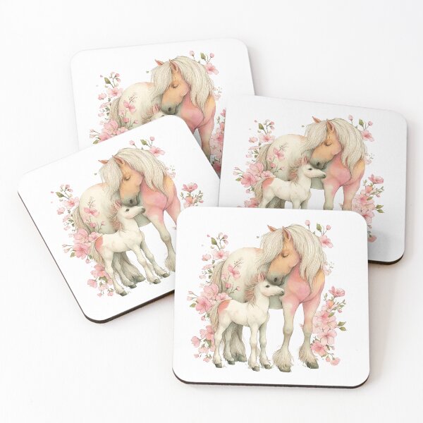 Item preview, Mare & Foal With Pink Blossoms – Whimsical Horse Illustration designed and sold by Saxon Designs.