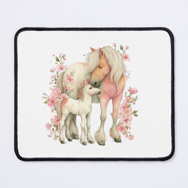Item preview, Mare & Foal With Pink Blossoms – Whimsical Horse Illustration designed and sold by Saxon Designs.