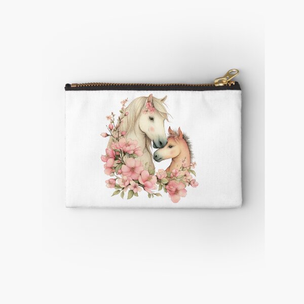 Item preview, Mare & Foal With Pink Blossoms – Whimsical Floral Horse Illustration designed and sold by Saxon Designs.