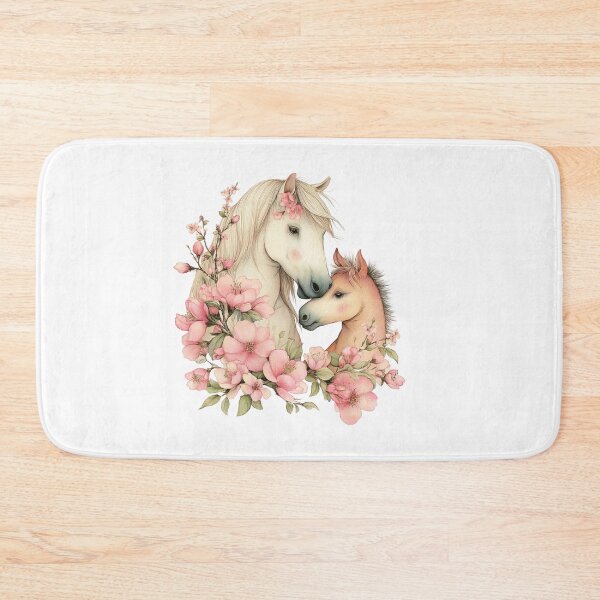 Item preview, Mare & Foal With Pink Blossoms – Whimsical Floral Horse Illustration designed and sold by Saxon Designs.