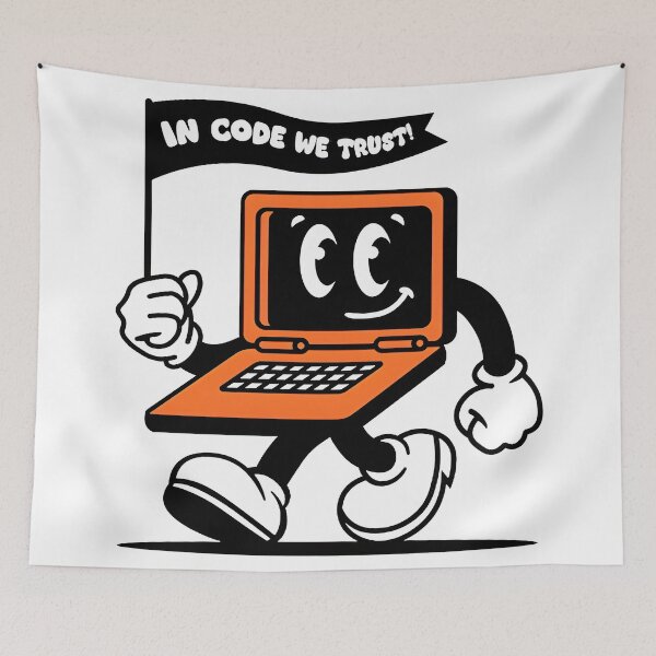 Item preview, In Code We Trust Funny Retro Laptop Cartoon Character designed and sold by Zenith Design.