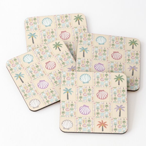 Item preview, Coastal Patchwork Seamless Pattern, Beach Shell Palm Tree Quilt Repeat Print, Retro Summer Tropical Fabric Design for Coastal Decor designed and sold by FRH Design ⭐⭐⭐⭐⭐.