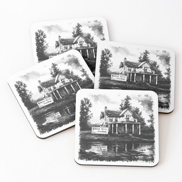 Item preview, Bless This Home – Haunted Farmhouse by the Water (Black & White Illustration) designed and sold by inkoutninja.