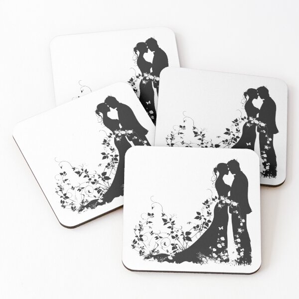 Item preview, Floral Wedding Couple Silhouette – Romantic Bride & Groom (Black & White) designed and sold by inkoutninja.
