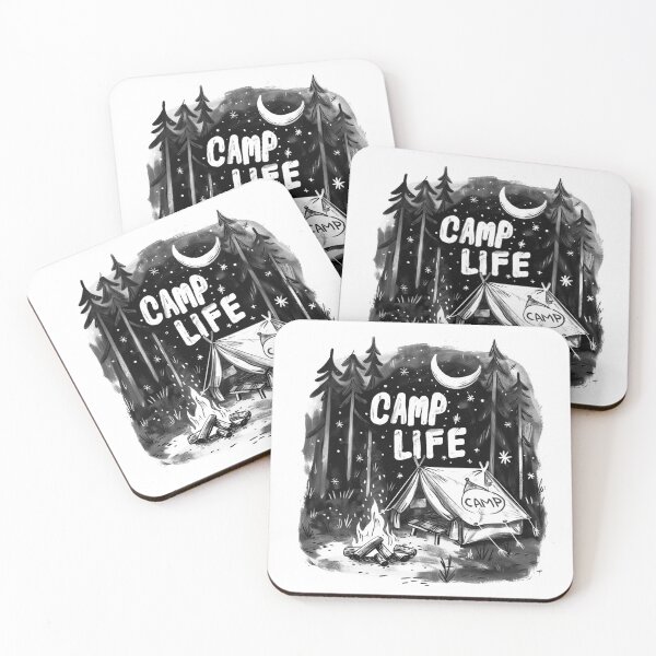 Item preview, Camp Life – Cozy Night Camping Tent & Campfire (Black & White Illustration) designed and sold by inkoutninja.